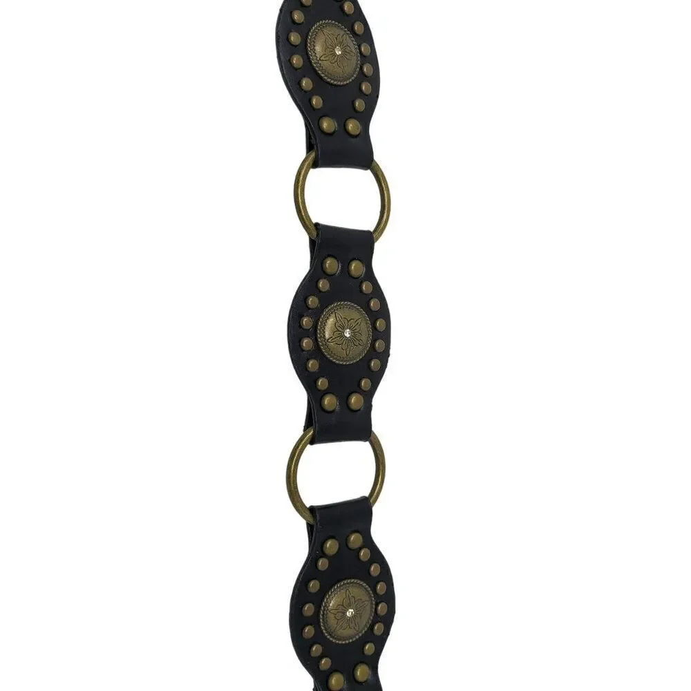 Unisex Vintage-Inspired Black Vegan Leather Belt Brass Concho Studs Chain Hip XL